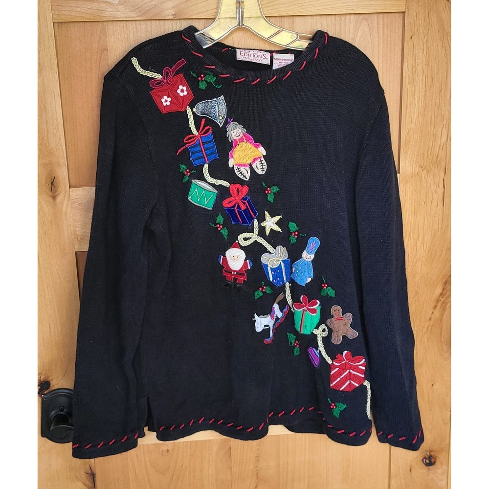 Vintage‎ Basic Holiday Editions Christmas Sweater MEDIUM Granny 90s Ramie Cotton